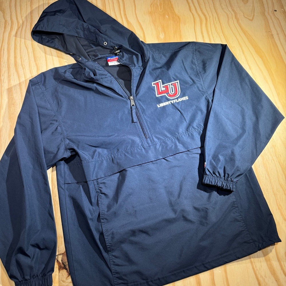 Champion Liberty Flames Men's Small Navy Blue Quarter Zip Hooded Windbreaker